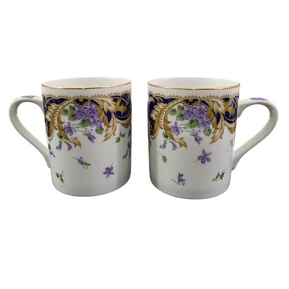 Andrea by Sadek Royal Violets Gold Rim 10 Oz Porcelain Mugs Cups – Set of 2 - Picture 10 of 16